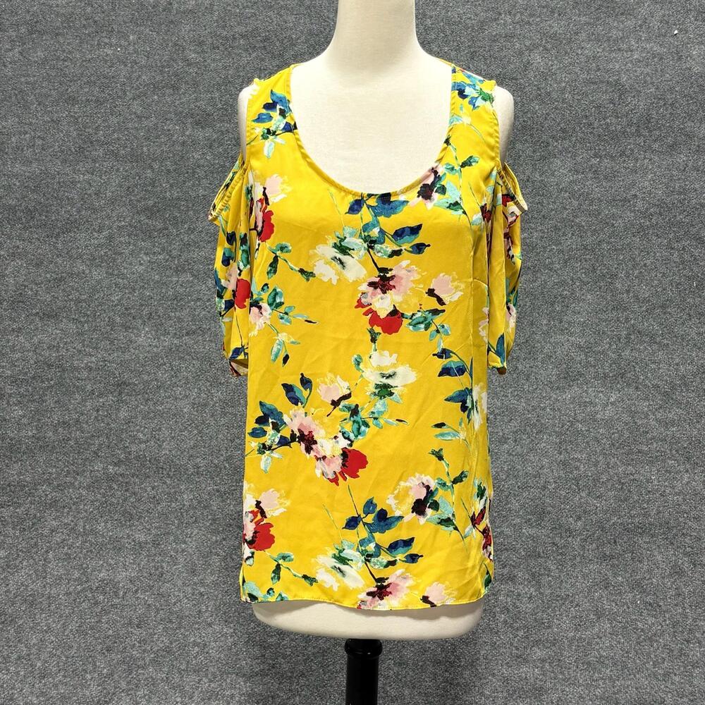 Rose + Olive Blouse Womens Large Yellow Floral Cold Shoulder Scoop Neck Top